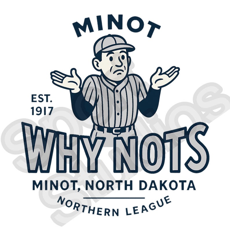 Vintage Minot Why Nots baseball logo shirt with shrugging mascot in navy and gray, Northern League North Dakota team.