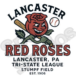 Vintage Lancaster Red Roses shirt with smiling red rose mascot holding bat, baseball theme, Lancaster PA retro logo.