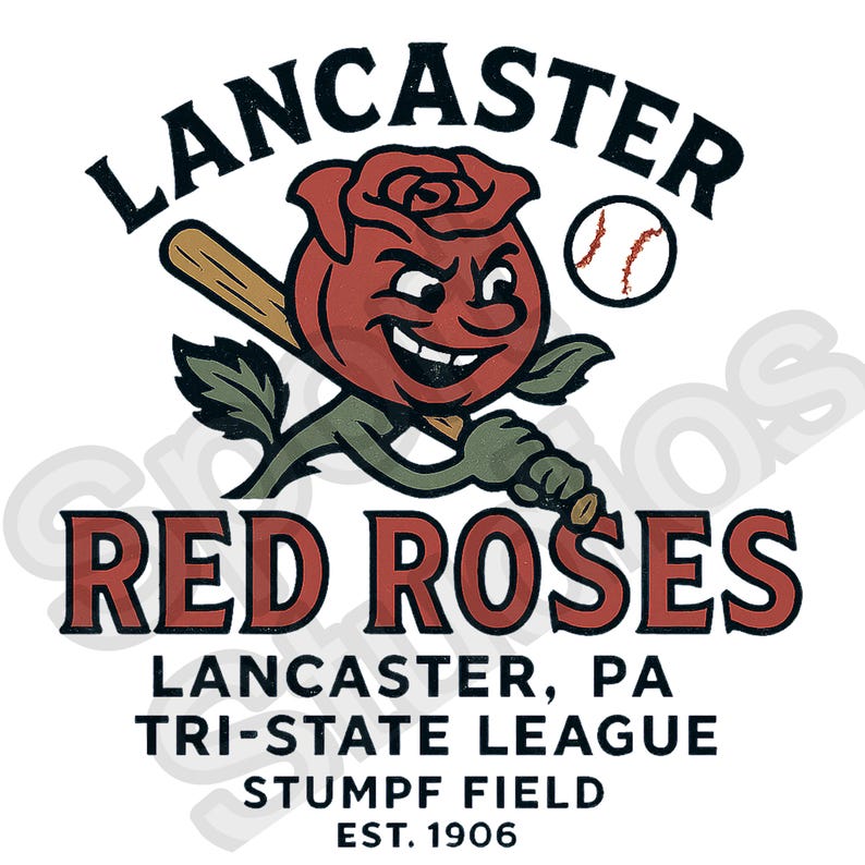 Vintage Lancaster Red Roses shirt with smiling red rose mascot holding bat, baseball theme, Lancaster PA retro logo.