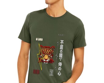 Maglietta da uomo con tigre samurai / Maglietta grafica con guerriero giapponese / Maglietta con stampa tigre / Streetwear giapponese / Maglietta con forza spirituale. Stampa frontale