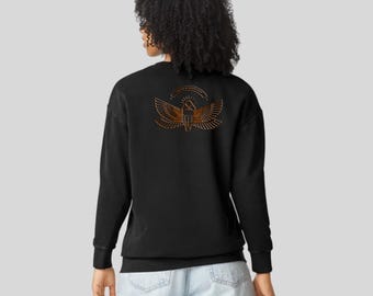 Felpa Nefertiti, regina egizia, con grafica, scarabeo alato e geroglifici, girocollo unisex