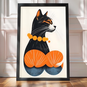 Mid-Century Modern Black Cat Art Print, Abstract Orange Accent Cat Poster(Digital Download)