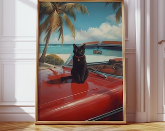 Cat on Vintage Car Art Print, Black Cat Poster, Retro Wall Decor, Tropical Artwork