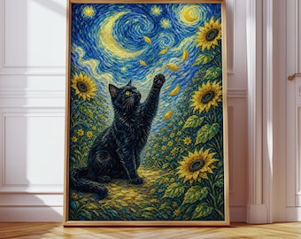 Black Cat Sunflower Print, Starry Night Cat Poster, Van Gogh Style Painting, Digital Download