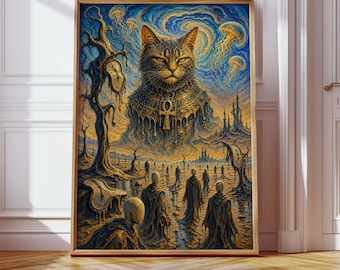 Surreal Egyptian Cat Poster, Salvador Dali Inspired Print, Mystical Cat Art, Fantasy Wall Decor