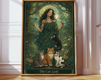 The Cat Lady Tarot Print, Cat Lover Wall Decor, Art Nouveau Poster, Digital Download