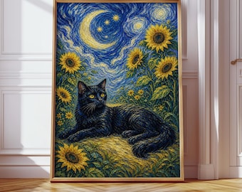 Starry Night Cat Print, Black Cat Wall Art, Van Gogh Style Poster, Digital Download