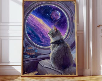 Astronaut Cat Space Print, Cosmic Cat Digital Poster, Galaxy Wall Art, Sci-Fi Printable Decor