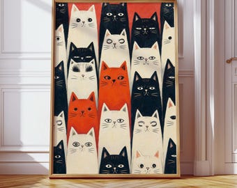 Minimalist Black Cat Print, Colorful Cat Wall Art, Retro Feline Poster, Modern Artwork