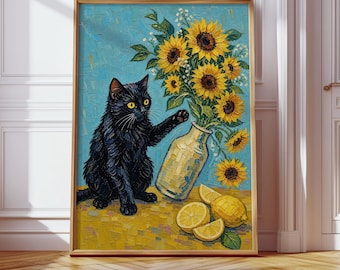 Van Gogh Black Cat Art Print , Funny Sunflowers Cat Poster, Floral Wall Decor