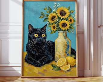 Black Cat Sunflower Wall Art Print, Van Gogh Style Cat Poster, Whimsical Floral Painting