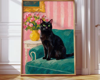 Black Cat Art Print, Whimsical Pet Portrait, Vintage Cat Painting, Maximalist Wall Decor