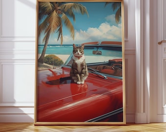 Vintage Car & Cat Digital Poster, Retro Cat Art Print, Beach Wall Decor, Modern Artwork