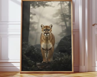 Mountain Lion Art Print, Vintage Cougar Poster, Wildlife Animal Wall Decor, Digital Download