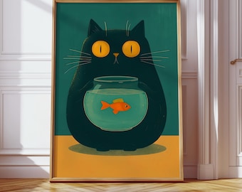 Whimsical Black Cat and Goldfish Art Print, Funny Animal Wall Art, Digital Download