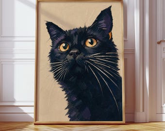 Black Cat Painting, Abstract Cat Art Print, Living Room Poster, Animal Wall Decor