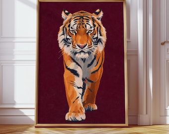 Bold Tiger Poster, Burgundy Animal Wall Art Print, Trendy Artwork, Dopamine Decor, Digital Download