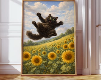 Sunflowers Black Cat Print, Funny Poster, Botanical Wall Art, Cat Jumping Home Decor