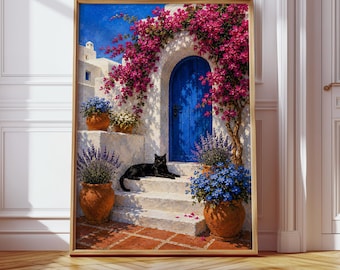 Black Cat Mediterranean Art, Floral Cat Print, Santorini Travel Poster, Greek Island Wall Decor