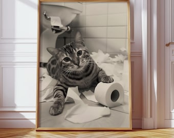 Funny Cat Bathroom Art Print, Toilet Paper Animal Poster, Humorous Bathroom Wall Decor