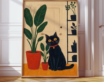Black Cat Poster, Whimsical Cat Art Print, Minimalist Botanical Wall Decor, Digital Download