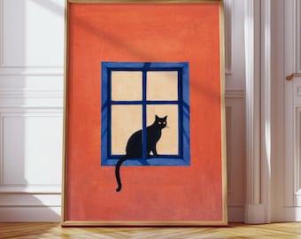 Black Cat in Orange Window Art Print, Minimalist Cat Poster, Modern Wall Decor