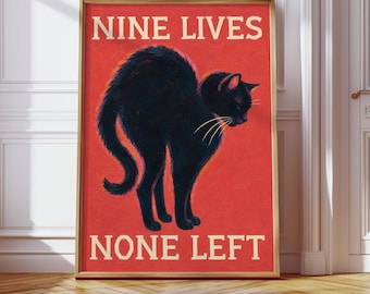 Funny Black Cat Art, Nine Lives None Left Print, Minimalist Poster, Cat Wall Decor