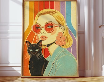 Black Cat Art Print, Vintage Cat Lady Poster, Retro Feline Wall Decor, Digital Download