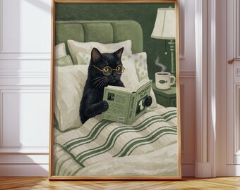 Black Cat Reading in Bed Printable Wall Art, Book Lover Cat Poster, Bedroom Decor