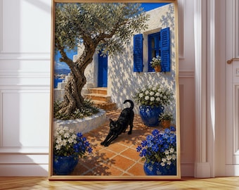 Mediterranean Black Cat Print, Floral Cat Art, Greek Island Travel Poster, Coastal Wall Decor
