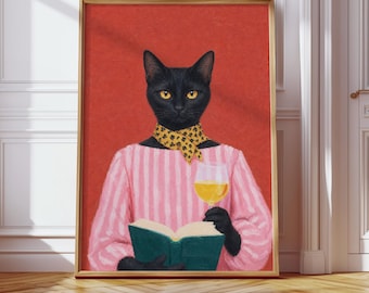 Black Cat Reading Print, Wine Cat Poster, Cozy Animal Art, Book Lover Wall Decor