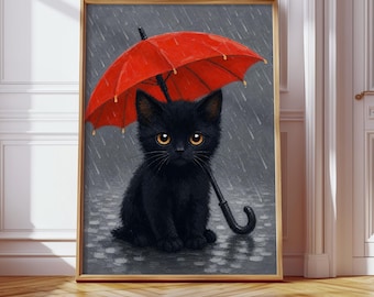 Black Cat Print, Kitten Wall Decor, Cozy Art, Cat Lover Poster, Animal Painting