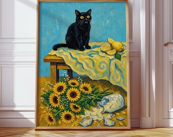 Black Cat Sunflower Wall Art, Van Gogh Cat Print, Funny Animal Poster, Digital Download
