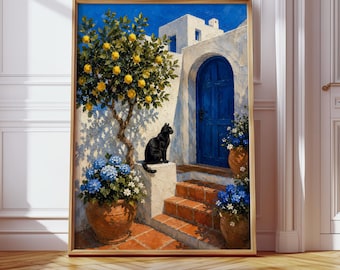Santorini Black Cat Print, Floral Cat Painting, Mediterranean Wall Art, Greece Travel Poster