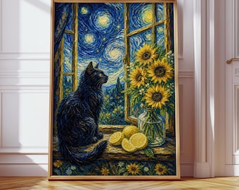 Black Cat Sunflower Wall Art Print, Starry Night Cat Poster, Cottagecore Decor, Digital Download