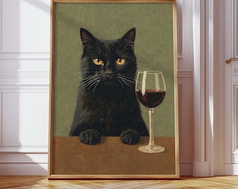 Kunstdruck „Schwarze Katze mit Weinmotiv“, Vintage-Katzenposter, Lustiges Tiergemälde, Wandbild mit stimmungsvoller Katze
