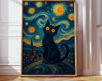 Starry Night Cat Print, Van Gogh Cat Poster, Funny Wall Art, Printable Painting