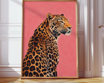 Pink Leopard Print, Colorful Animal Art, Retro Leopard Poster, Bold Wall Decor, Dopamine Prints