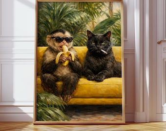 Mokney and Black Cat Print, Funny Animal Poster, Moody Wall Art, Colorful Wall Decor