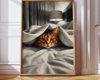 Cat In Bed Print, Funny Cat Poster, Bedroom Art, Cozy Wall Decor, Digital Download