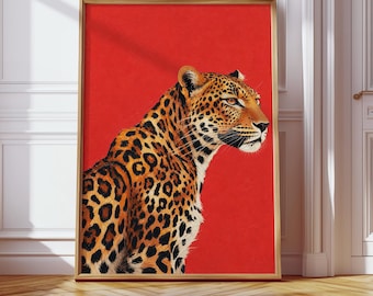 Red Leopard Art Print, Luxury Wall Art, Fashion Poster, Dopamine Decor, Modern Artwork