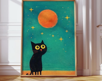 Black Cat Art Print, Whimsical Night Sky Cat Poster, Minimalist Wall Decor, Digital Download