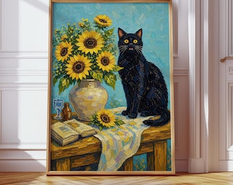Black Cat Sunflower Wall Art Print, Van Gogh Inspired Poster, Floral Cat Painting