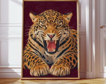 Burgundy Roaring Jaguar Art Print, Bold Retro Panther Poster, Dopamine Wall Decor, Digital Download