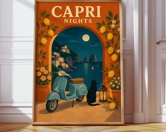 Capri Italy Travel Poster, Black Cat Print, Mediterranean Wall Art, Digital Download