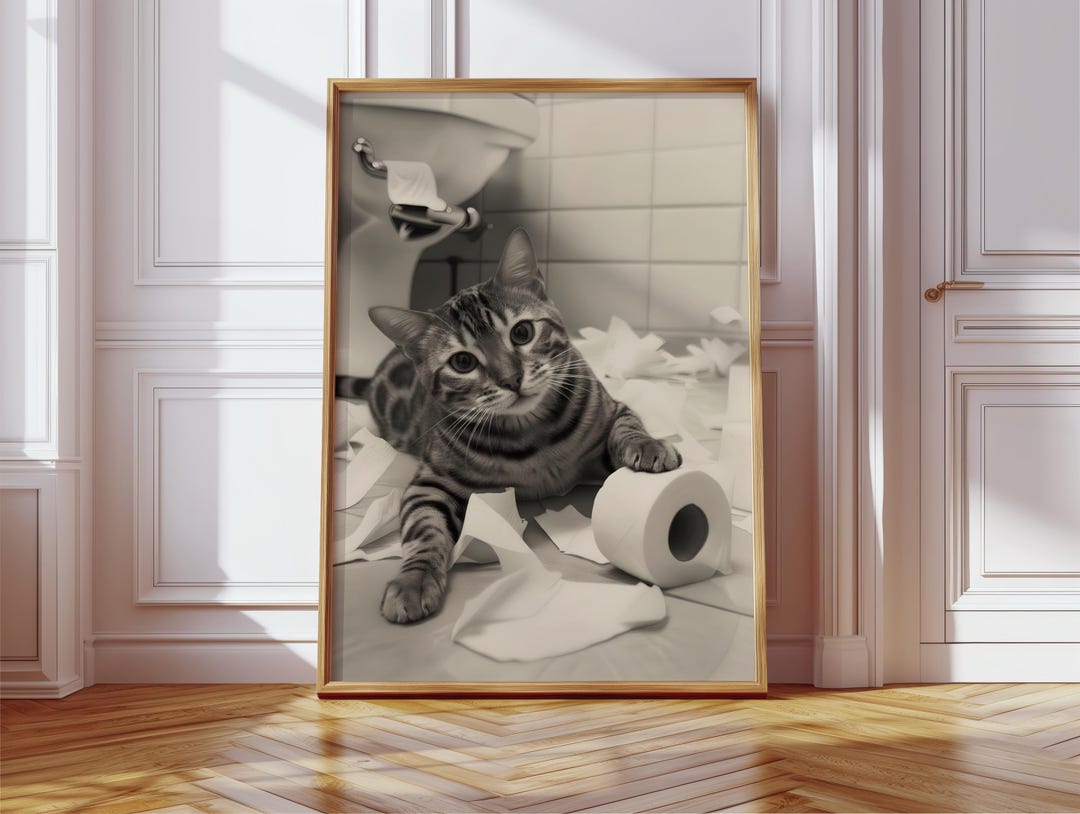 Funny Cat Bathroom Art Print, Toilet Paper Animal Poster, Humorous ...