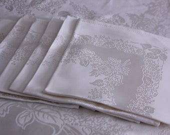 Vintage Irish tablecloth  68"x52"with 6 matching table napkins, double damask, ecru oatmeal/off white satiny