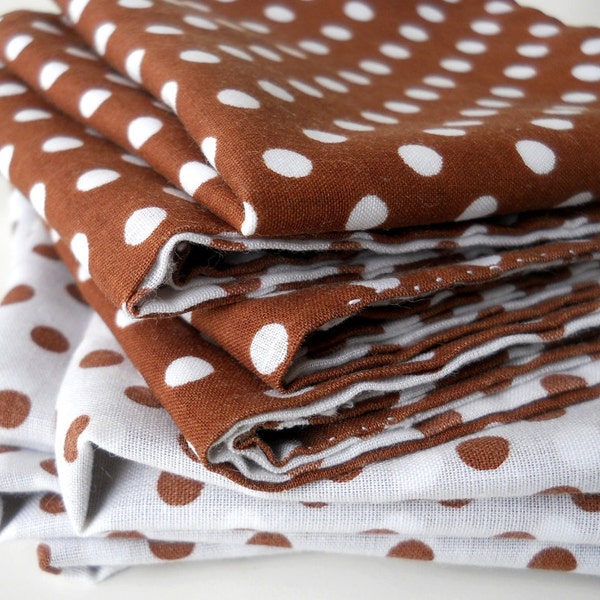 Vintage Table Napkins, Handmade, Brown and White Polka Dots, set of 8