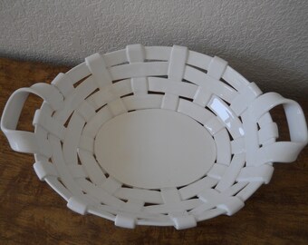 Vintage ceramic woven bread/fruit basket with handles made in Italy