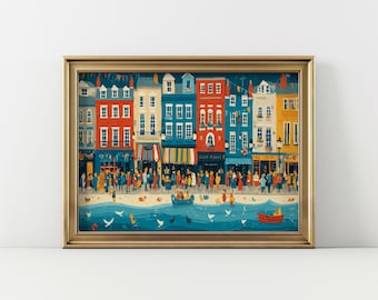 Retro Beach Town Print, Vintage Art Deco Horizontal Landscape Orientation Artwork, Digital Download